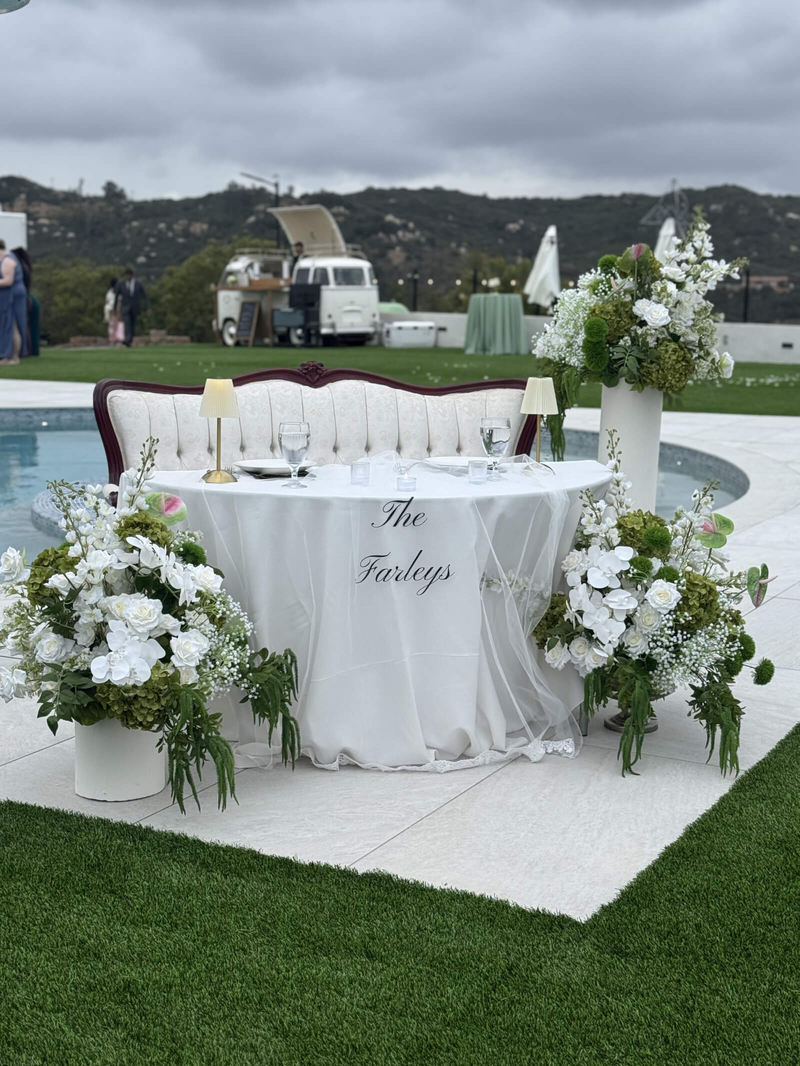 Sweetheart table styled with warm florals and candlelight at a Farley wedding