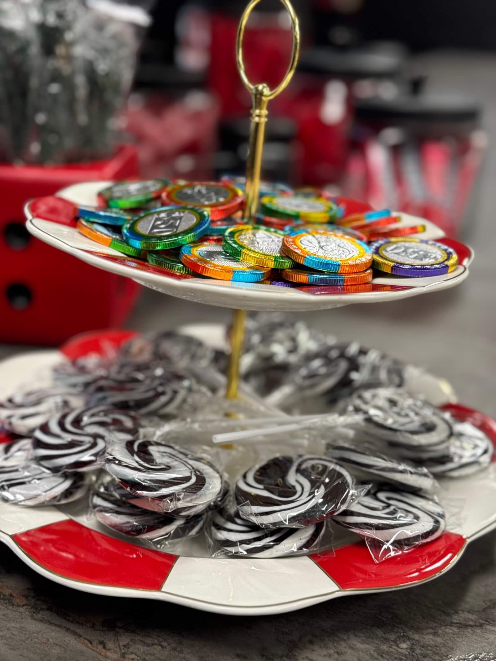 Candy table styled for a poker night