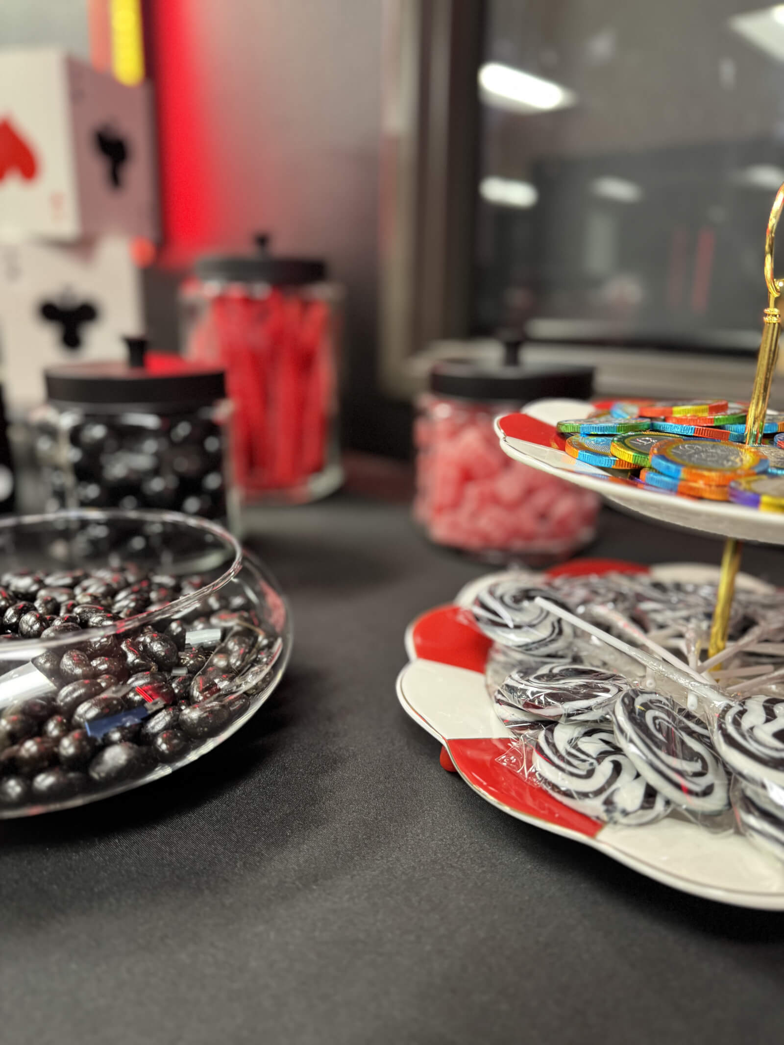 Wide shot of poker night candy table